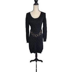 MILLY Black Merino Wool Cable Knit Belted Sweater Dress M Scoop Neck